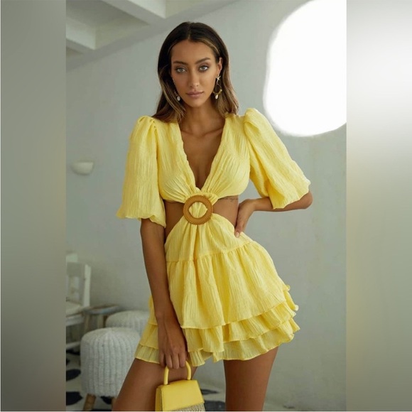 Womens Beulah Yellow Ruffled Tie Front Puff Sleeve Mini Dress - Picture 1 of 10